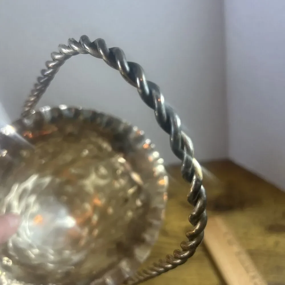 Vintage Silver Plated SNK India Dimpled Flower Basket Vase Twisted Handle 10 in